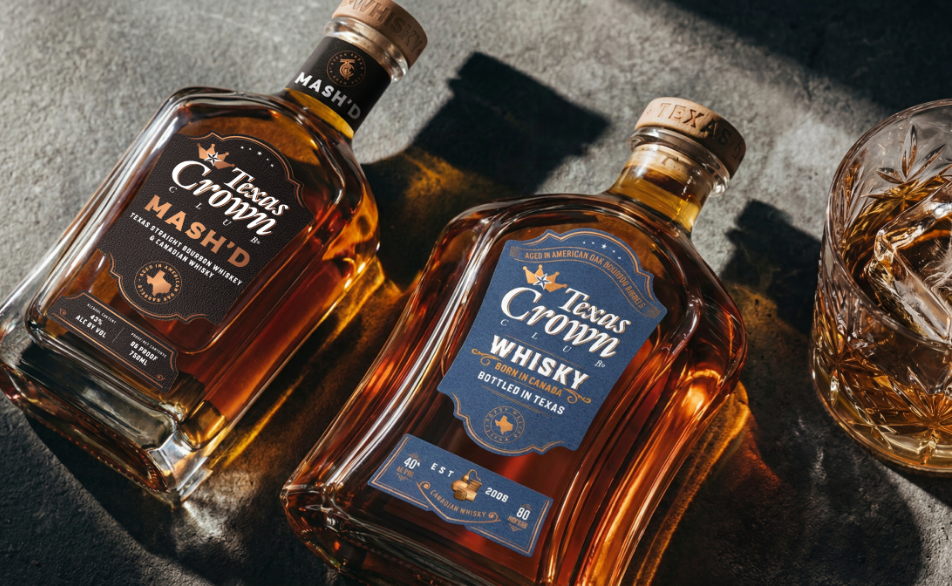 bottle of Texas Crown Club Whisky and Texas Crown Club Mash'd next to a beautiful lead crystal glass filled with whisky
