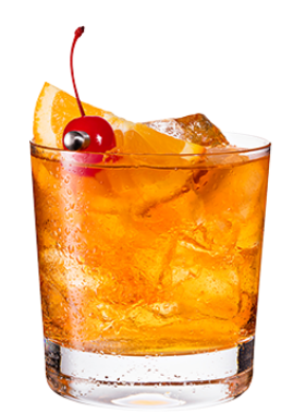 Texas Crown Club Mash'd Old Fashion'd whisky cocktail with an orange slice and cherry garnish