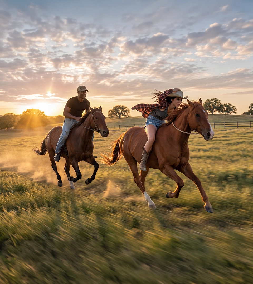 couple racing horses in the Texas countryside